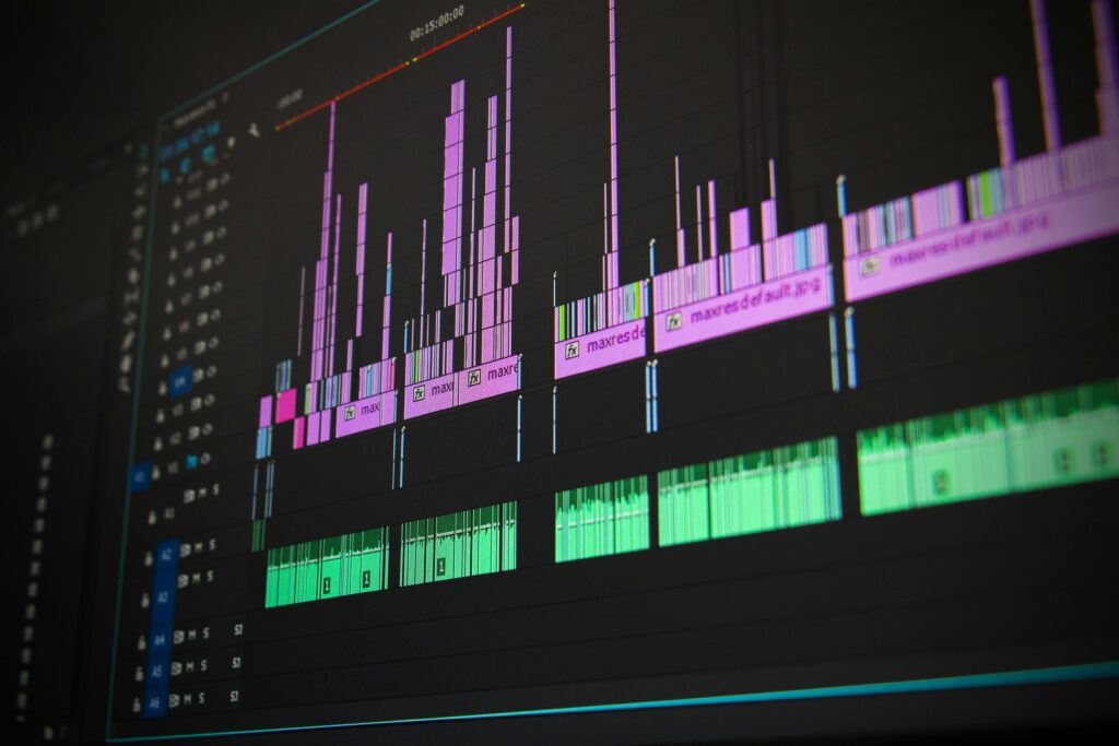 and video editing software interface with waveform displays. Freelancing in Video Editing