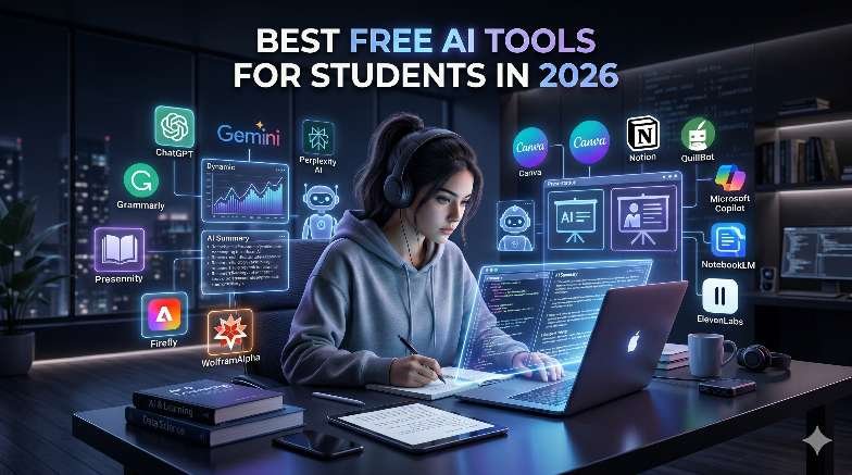 Best Free AI Tools for Students in 2026 including ChatGPT, Gemini, Grammarly, Canva, and Notion for smarter learning